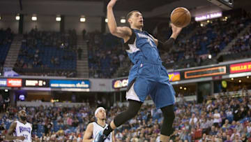 Apr 7, 2016; Sacramento, CA, USA; Minnesota Timberwolves guard Zach LaVine (8) dunks the ball against the Sacramento Kings in the first quarter at Sleep Train Arena. Mandatory Credit: Neville E. Guard-USA TODAY Sports