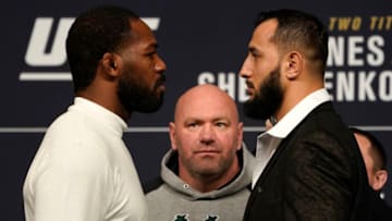 LAS VEGAS, NEVADA - DECEMBER 13: (L-R) UFC light heavyweight champion Jon Jones and Dominick Reyes face off during the UFC 247 press conference at T-Mobile Arena on December 13, 2019 in Las Vegas, Nevada. (Photo by Jeff Bottari/Zuffa LLC)
