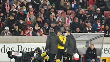 Gio Reyna leaves the field after picking up an injury on Friday (Photo by THOMAS KIENZLE/AFP via Getty Images)