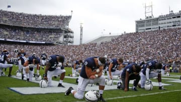 DFS CFB: STATE COLLEGE, PA - SEPTEMBER 01: Trace McSorley #9 of the Penn State Nittany Lions prays before the game against the Appalachian State Mountaineers on September 1, 2018 at Beaver Stadium in State College, Pennsylvania. (Photo by Justin K. Aller/Getty Images)