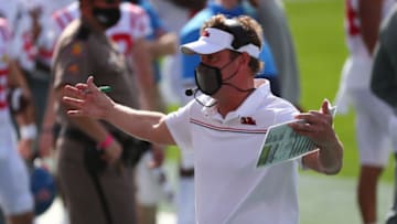 Jan 2, 2021; Tampa, FL, USA; Mississippi Rebels head coach Lane Kiffin reacts against the Indiana Hoosiers during the first half at Raymond James Stadium. Mandatory Credit: Kim Klement-USA TODAY Sports
