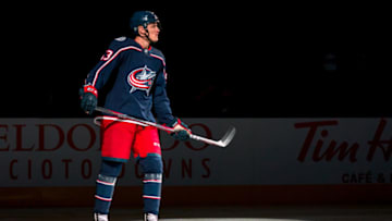 COLUMBUS, OH - SEPTEMBER 18: Gabriel Carlsson (53) of the Columbus Blue Jackets before a game between the Columbus Blue Jackets and the Chicago Blackhawks on September 18, 2018 at Nationwide Arena in Columbus, OH. The Blue Jackets won 4-1. (Photo by Adam Lacy/Icon Sportswire via Getty Images)