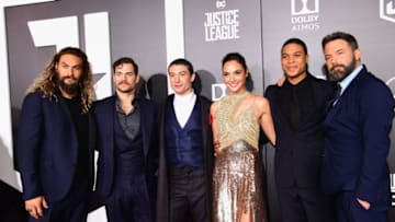 HOLLYWOOD, CA - NOVEMBER 13: (L-R) Actors Jason Momoa, Henry Cavill, Ezra Miller, Gal Gadot, Ray Fisher, and Ben Affleck attend the premiere of Warner Bros. Pictures' "Justice League" at Dolby Theatre on November 13, 2017 in Hollywood, California. (Photo by Emma McIntyre/Getty Images)