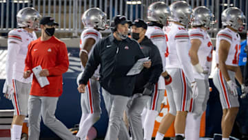 STATE COLLEGE, PA - OCTOBER 31: Head coach Ryan Day of the Ohio State Buckeyes looks on during the first half of the game against the Penn State Nittany Lions at Beaver Stadium on October 31, 2020 in State College, Pennsylvania. (Photo by Scott Taetsch/Getty Images)