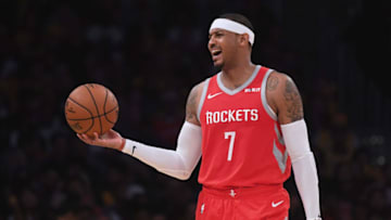 LOS ANGELES, CA - OCTOBER 20: Carmelo Anthony #7 of the Houston Rockets reacts to his offensive foul during a 124-115 win over the Los Angeles Lakers at Staples Center on October 20, 2018 in Los Angeles, California. (Photo by Harry How/Getty Images)