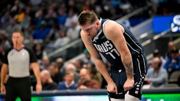 Feb 2, 2023; Dallas, Texas, USA; Dallas Mavericks guard Luka Doncic (77) waits for play to resume against the New Orleans Pelicans during the second half at the American Airlines Center. Mandatory Credit: Jerome Miron-USA TODAY Sports