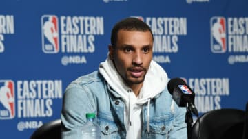 TORONTO, CANADA - MAY 19: George Hill #3 of the Milwaukee Bucks speaks with the media after the game against the Toronto Raptors during Game Three of the Eastern Conference Finals of the 2019 NBA Playoffs on May 19, 2019 at the Scotiabank Arena in Toronto, Ontario, Canada. NOTE TO USER: User expressly acknowledges and agrees that, by downloading and or using this Photograph, user is consenting to the terms and conditions of the Getty Images License Agreement. Mandatory Copyright Notice: Copyright 2019 NBAE (Photo by Ron Turenne/NBAE via Getty Images)