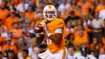 Sep 1, 2016; Knoxville, TN, USA; Tennessee Volunteers quarterback Joshua Dobbs (11) looks to pass against the Appalachian State Mountaineers during the first quarter at Neyland Stadium. Mandatory Credit: Randy Sartin-USA TODAY Sports