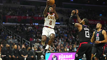 Oct 27, 2021; Los Angeles, California, USA; Cleveland Cavaliers guard Collin Sexton (2) shoots against the LA Clippers in the second half at Staples Center. Mandatory Credit: Kirby Lee-USA TODAY Sports