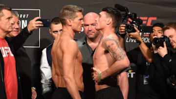 LIVERPOOL, ENGLAND - MAY 26: (L-R) Opponents Stephen Thompson and Darren Till of England face off during the UFC Weigh-in at ECHO Arena on May 26, 2018 in Liverpool, England. (Photo by Josh Hedges/Zuffa LLC/Zuffa LLC via Getty Images)
