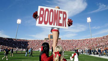NORMAN, OK - NOVEMBER 25: Members of the Oklahoma Sooners spirit squad perform before the game against the West Virginia Mountaineers at Gaylord Family Oklahoma Memorial Stadium on November 25, 2017 in Norman, Oklahoma. Oklahoma defeated West Virginia 59-31. (Photo by Brett Deering/Getty Images) *** Local Caption ***