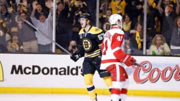 Apr 20, 2014; Boston, MA, USA; Boston Bruins left wing Justin Florek (57) reacts after scoring a goal during the first period against the Detroit Red Wings in game two of the first round of the 2014 Stanley Cup Playoffs at TD Banknorth Garden. Mandatory Credit: Greg M. Cooper-USA TODAY Sports