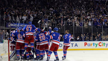 NEW YORK, NY - MAY 29: The New York Rangers celebrates after defeating the Montreal Canadiens in Game Six to win the Eastern Conference Final in the 2014 NHL Stanley Cup Playoffs at Madison Square Garden on May 29, 2014 in New York City. The New York Rangers defeated the Montreal Canadiens 1 to 0. (Photo by Mike Stobe/Getty Images)
