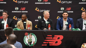 BOSTON, MA - JULY 17: Kemba Walker #8, General Manager Danny Ainge, and Enes Kanter #11 of the Boston Celtics speak to the media during the introductory press conference on July 17, 2019 at the Auerbach Center in Boston, Massachusetts. NOTE TO USER: User expressly acknowledges and agrees that, by downloading and/or using this photograph, user is consenting to the terms and conditions of the Getty Images License Agreement. Mandatory Copyright Notice: Copyright 2019 NBAE (Photo by Brian Babineau/NBAE via Getty Images)