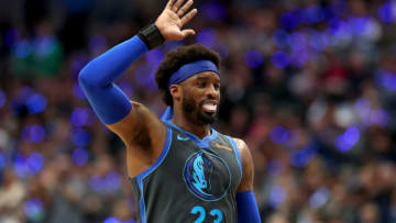 DALLAS, TEXAS - JANUARY 16: Wesley Matthews #23 of the Dallas Mavericks reacts after being called for a foul against the San Antonio Spurs at American Airlines Center on January 16, 2019 in Dallas, Texas. NOTE TO USER: User expressly acknowledges and agrees that, by downloading and or using this photograph, User is consenting to the terms and conditions of the Getty Images License Agreement. (Photo by Tom Pennington/Getty Images)