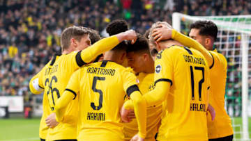BREMEN, GERMANY - FEBRUARY 22: (BILD ZEITUNG OUT) Erling Haaland of Borussia Dortmund celebrates after scoring his team's second goal during the Bundesliga match between SV Werder Bremen and Borussia Dortmund at Wohninvest Weserstadion on February 22, 2020 in Bremen, Germany. (Photo by Max Maiwald/DeFodi Images via Getty Images)