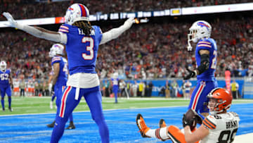 DETROIT, MICHIGAN - NOVEMBER 20: Damar Hamlin #3 of the Buffalo Bills reacts after after an attempted catch by Harrison Bryant #88 of the Cleveland Browns is ruled incomplete during the fourth quarter at Ford Field on November 20, 2022 in Detroit, Michigan. (Photo by Nic Antaya/Getty Images)