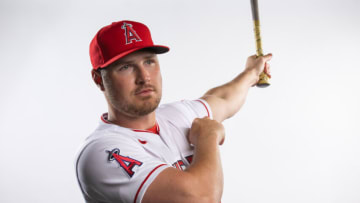 Feb 21, 2023; Tempe, AZ, USA; Los Angeles Angels outfielder Hunter Renfroe poses for a portrait during photo day at the teams practice facility. Mandatory Credit: Mark J. Rebilas-USA TODAY Sports