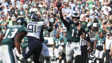 NASHVILLE, TN - SEPTEMBER 30: Carson Wentz #11 of the Philadelphia Eagles throws a pass against the Tennessee Titans during the fourth quarter at Nissan Stadium on September 30, 2018 in Nashville, Tennessee. (Photo by Silas Walker/Getty Images)