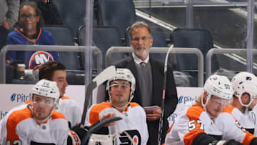 ELMONT, NEW YORK - OCTOBER 02: Head coach John Tortorella of the Philadelphia Flyers handles the bench against the New York Islanders at the UBS Arena on October 02, 2022 in Elmont, New York. (Photo by Bruce Bennett/Getty Images)