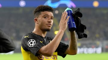 DORTMUND, GERMANY - NOVEMBER 05: Jadon Sancho of Borussia Dortmund acknowledges the fans following the UEFA Champions League group F match between Borussia Dortmund and Inter at Signal Iduna Park on November 05, 2019 in Dortmund, Germany. (Photo by Jörg Schüler/Getty Images)