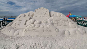 Dec 30, 2022; Clearwater, FL, USA; sand sculptures are presented during the Clearwater Beach Day for the 2022 ReliaQuest Bowl featuring the Illinois Fighting Illini and Mississippi State Bulldogs Mandatory Credit: Nathan Ray Seebeck-USA TODAY Sports