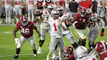 MIAMI GARDENS, FLORIDA - JANUARY 11: Justin Fields #1 of the Ohio State Buckeyes throws the ball during the College Football Playoff National Championship football game against the Alabama Crimson Tide at Hard Rock Stadium on January 11, 2021 in Miami Gardens, Florida. The Alabama Crimson Tide defeated the Ohio State Buckeyes 52-24. (Photo by Alika Jenner/Getty Images)