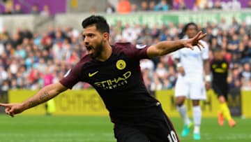 SWANSEA, WALES - SEPTEMBER 24: Sergio Aguero of Manchester City celebrates scoring his sides first goal during the Premier League match between Swansea City and Manchester City at the Liberty Stadium on September 24, 2016 in Swansea, Wales. (Photo by Stu Forster/Getty Images)