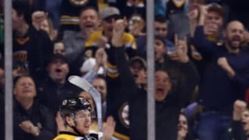 Mar 10, 2016; Boston, MA, USA; Boston Bruins right wing David Pastrnak (88) celebrates after scoring a goal on Carolina Hurricanes goalie Cam Ward (not pictured) during the third period at TD Garden. The Carolina Hurricanes won 3-2 in overtime. Mandatory Credit: Greg M. Cooper-USA TODAY Sports