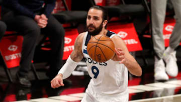 NEW YORK, NEW YORK - MARCH 29: (NEW YORK DAILIES OUT) Ricky Rubio #9 of the Minnesota Timberwolves in action against the Brooklyn Nets at Barclays Center on March 29, 2021 in New York City. The Nets defeated the Timberwolves 112-107. NOTE TO USER: User expressly acknowledges and agrees that, by downloading and or using this photograph, User is consenting to the terms and conditions of the Getty Images License Agreement. (Photo by Jim McIsaac/Getty Images)