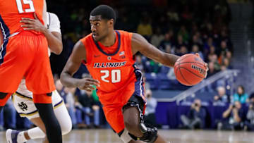 SOUTH BEND, IN - NOVEMBER 27: Da'Monte Williams #20 of the Illinois Fighting Illini drives to the basket during the game against the Notre Dame Fighting Irish at Purcell Pavilion on November 27, 2018 in South Bend, Indiana. (Photo by Michael Hickey/Getty Images)