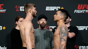 LAS VEGAS, NEVADA - FEBRUARY 18: (L-R) Jonathan Pearce and Christian Rodriguez face off during the UFC Fight Night weigh-in at UFC APEX on February 18, 2022 in Las Vegas, Nevada. (Photo by Jeff Bottari/Zuffa LLC)