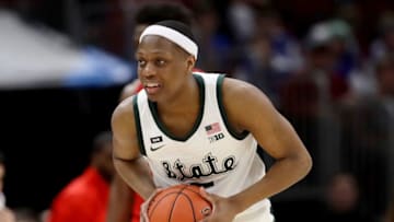 CHICAGO, ILLINOIS - MARCH 15: Cassius Winston #5 of the Michigan State Spartans celebrates after beating the Ohio State Buckeyes 77-70 during the quarterfinals of the Big Ten Basketball Tournament at the United Center on March 15, 2019 in Chicago, Illinois. (Photo by Jonathan Daniel/Getty Images)