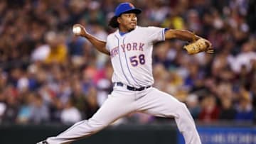 Jul 23, 2014; Seattle, WA, USA; New York Mets pitcher Jenrry Mejia (58) throws against the Seattle Mariners during the ninth inning of a 3-2 victory against the Seattle Mariners at Safeco Field. Mandatory Credit: Joe Nicholson-USA TODAY Sports