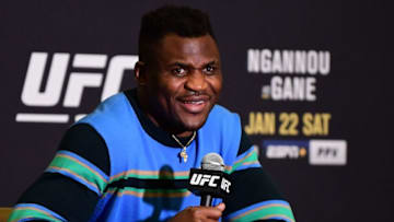 French Cameroonian mixed martial arts fighter Francis Ngannou responds to questions during a press conference in Anaheim, California on January 19, 2022 ahead of his UFC 270 Heavyweight Championship fight against French fighter Ciryl Gane on January 22 at the Anaheim Convention Center. (Photo by Frederic J. BROWN / AFP) (Photo by FREDERIC J. BROWN/AFP via Getty Images)