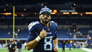 INDIANAPOLIS, INDIANA - DECEMBER 01: Marcus Mariota #8 of the Tennessee Titans leaves the field following a game against the Indianapolis Colts at Lucas Oil Stadium on December 01, 2019 in Indianapolis, Indiana. (Photo by Stacy Revere/Getty Images)