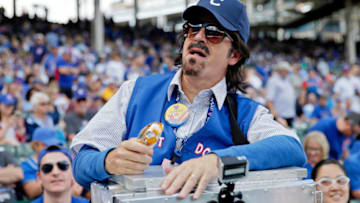 CHICAGO, IL - SEPTEMBER 17: Stephen Colbert, playing the role of Wrigley Field hot dog vendor Donny Franks, looks on during filming for a special segment before the game between the Chicago Cubs and the Milwaukee Brewers at Wrigley Field on September 17, 2016 in Chicago, Illinois. The Milwaukee Brewers won 11-3. (Photo by Jon Durr/Getty Images)
