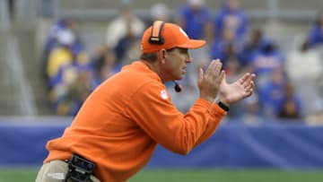 Oct 23, 2021; Pittsburgh, Pennsylvania, USA; Clemson Tigers head coach Dabo Swinney reacts on the sidelines against the Pittsburgh Panthers during the second quarter at Heinz Field. Mandatory Credit: Charles LeClaire-USA TODAY Sports