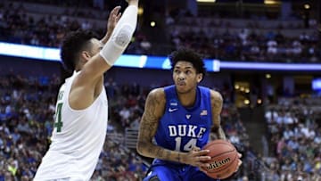 March 24, 2016; Anaheim, CA, USA; Duke Blue Devils guard Brandon Ingram (14) moves to the basket against Oregon Ducks forward Dillon Brooks (24) during the second half of the semifinal game in the West regional of the NCAA Tournament at Honda Center. Mandatory Credit: Richard Mackson-USA TODAY Sports