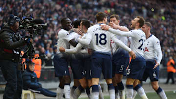 Tottenham Hotspur's Son Heung-min is mobbed by team mates as they celebrate him scoring their first goal Tottenham Hotspur v Newcastle United - Premier League - Wembley Stadium 02-02-2019 . (Photo by Daniel Hambury/EMPICS/PA Images via Getty Images)