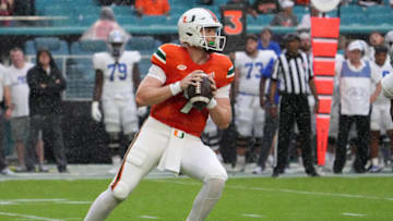 Sep 24, 2022; Miami Gardens, Florida, USA; Miami Hurricanes quarterback Tyler Van Dyke (9) drops back with the ball before attempting a pass against the Middle Tennessee Blue Raiders during the first half at Hard Rock Stadium. Mandatory Credit: Jasen Vinlove-USA TODAY Sports