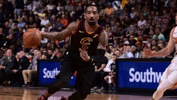 PHOENIX, AZ - MARCH 13: JR Smith #5 of the Cleveland Cavaliers handles the ball against the Phoenix Suns on March 13, 2018 at Talking Stick Resort Arena in Phoenix, Arizona. NOTE TO USER: User expressly acknowledges and agrees that, by downloading and or using this photograph, user is consenting to the terms and conditions of the Getty Images License Agreement. Mandatory Copyright Notice: Copyright 2018 NBAE (Photo by Michael Gonzales/NBAE via Getty Images)