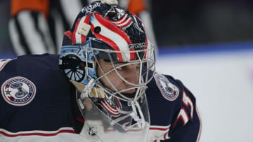 Apr 4, 2023; Toronto, Ontario, CAN; Columbus Blue Jackets goaltender Jet Greaves (73) sets up for a face off against the Toronto Maple Leafs during the third period at Scotiabank Arena. Mandatory Credit: John E. Sokolowski-USA TODAY Sports