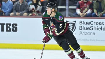 Jan 24, 2023; Tempe, Arizona, USA; Arizona Coyotes defenseman Jakob Chychrun (6) carries the puck in the first period Anaheim Ducks at Mullett Arena. Mandatory Credit: Matt Kartozian-USA TODAY Sports