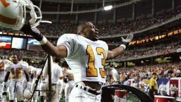 6 Dec 1997: Defensive back Terry Fair of the Tennessee Volunteers celebrates during a game against the Auburn Tigers at the Georgia Dome in Atlanta, Georgia. Tennessee won the game, 30-29. Mandatory Credit: Andy Lyons /Allsport