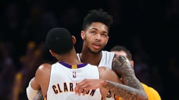 Jan 8, 2017; Los Angeles, CA, USA; Los Angeles Lakers forward Brandon Ingram (14) and Los Angeles Lakers guard Jordan Clarkson (6) hug after the game against the Orlando Magic at Staples Center. Lakers won 112-95. Mandatory Credit: Jayne Kamin-Oncea-USA TODAY Sports