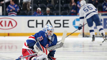 NEW YORK, NY - MARCH 13: Antti Raanta #32 of the New York Rangers stretches during pregame warmups before the game against the Tampa Bay Lightning at Madison Square Garden on March 13, 2017 in New York City. (Photo by Jared Silber/NHLI via Getty Images)