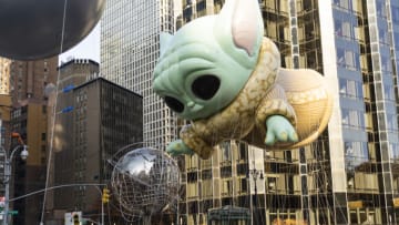 NEW YORK, NEW YORK - NOVEMBER 25: Star Wars' Grogu balloon during the 95th Macy's Thanksgiving Day Parade on November 25, 2021 in New York City. (Photo by TheStewartofNY/Getty Images)