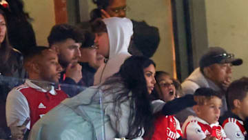 LONDON, ENGLAND - MARCH 16: Kim Kardashian watches from the stands with her son Saint West during the UEFA Europa League round of 16 leg two match between Arsenal FC and Sporting CP at Emirates Stadium on March 16, 2023 in London, United Kingdom. (Photo by Marc Atkins/Getty Images)