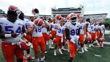 Oct 1, 2016; Nashville, TN, USA; Florida Gators players celebrate after a win against the Vanderbilt Commodores at Vanderbilt Stadium. Florida won 13-6. Mandatory Credit: Christopher Hanewinckel-USA TODAY Sports